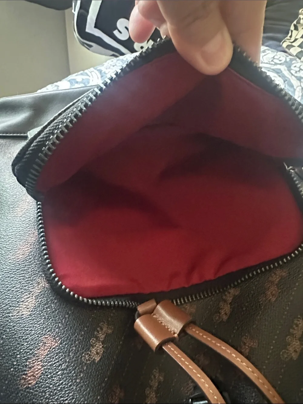 Coach Black Leather Drawstring Backpack with Brown Signature Accents - Picture 3 of 6
